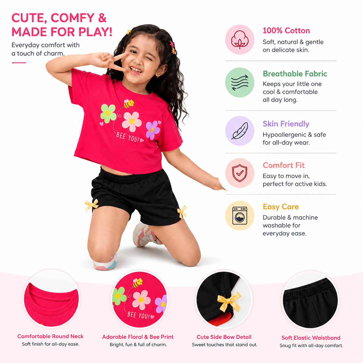 Girls PINK BEE | You Printed Crop Top & Shorts Co-Ord Set - Billyball.in