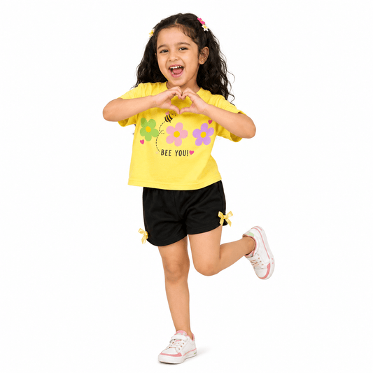 Girls YELLOW BEE | Printed Crop Top & Shorts Co-Ord Set - Billyball.in