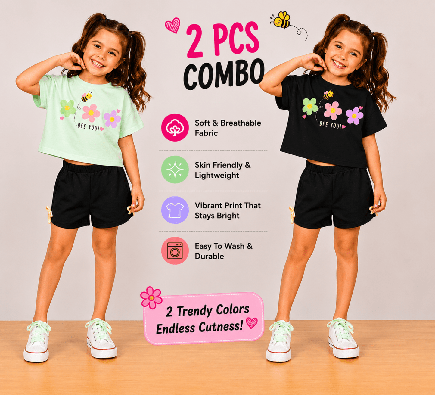Girls BEEYOU | Crop Top & Shorts Co-Ord Set Combo Pack -1 - Billyball.in