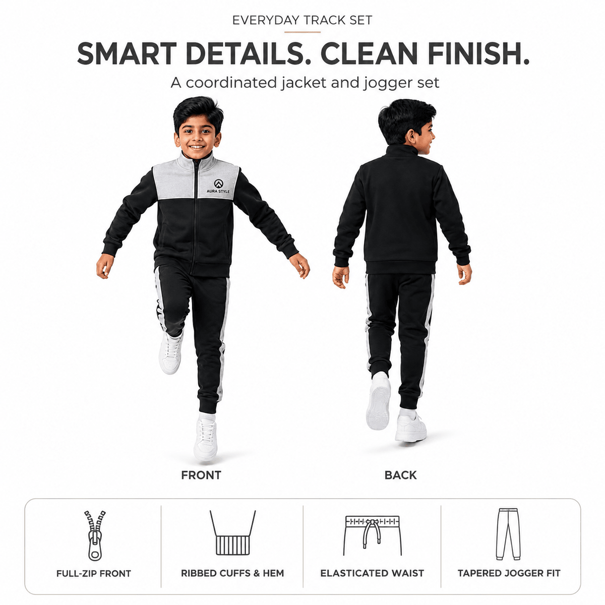 Boys AURA BLACK ZIPPER | Track Suit Combo - Billyball.in