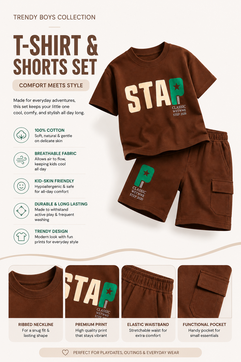 Boys STAR BROWN | 100% Cotton T-Shirt & Shorts Co-Ord Set