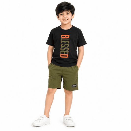 Boys BLESSED | 100% Cotton Oversized T-Shirt & Shorts Co-Ord Set - Billyball.in