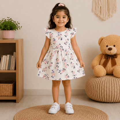 Girls GARDEN | White Floral Print Flutter Sleeve Dress - Billyball.in