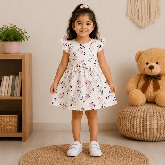 Girls GARDEN | White Floral Print Flutter Sleeve Dress - Billyball.in
