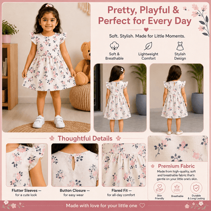 Girls GARDEN | White Floral Print Flutter Sleeve Dress - Billyball.in
