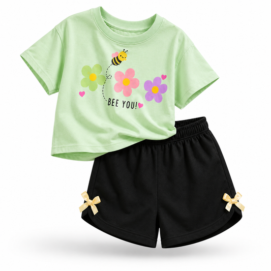 Girls GREEN BEE | Printed Crop Top & Shorts Co-Ord Set