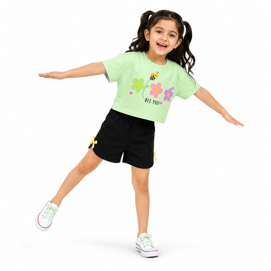Girls GREEN BEE | Printed Crop Top & Shorts Co-Ord Set