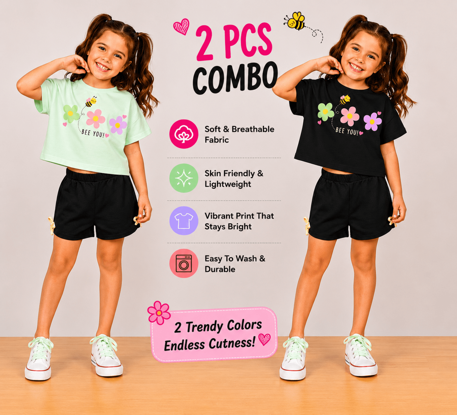 Girls BEEYOU | Crop Top & Shorts Co-Ord Set Combo Pack -1 - Billyball.in