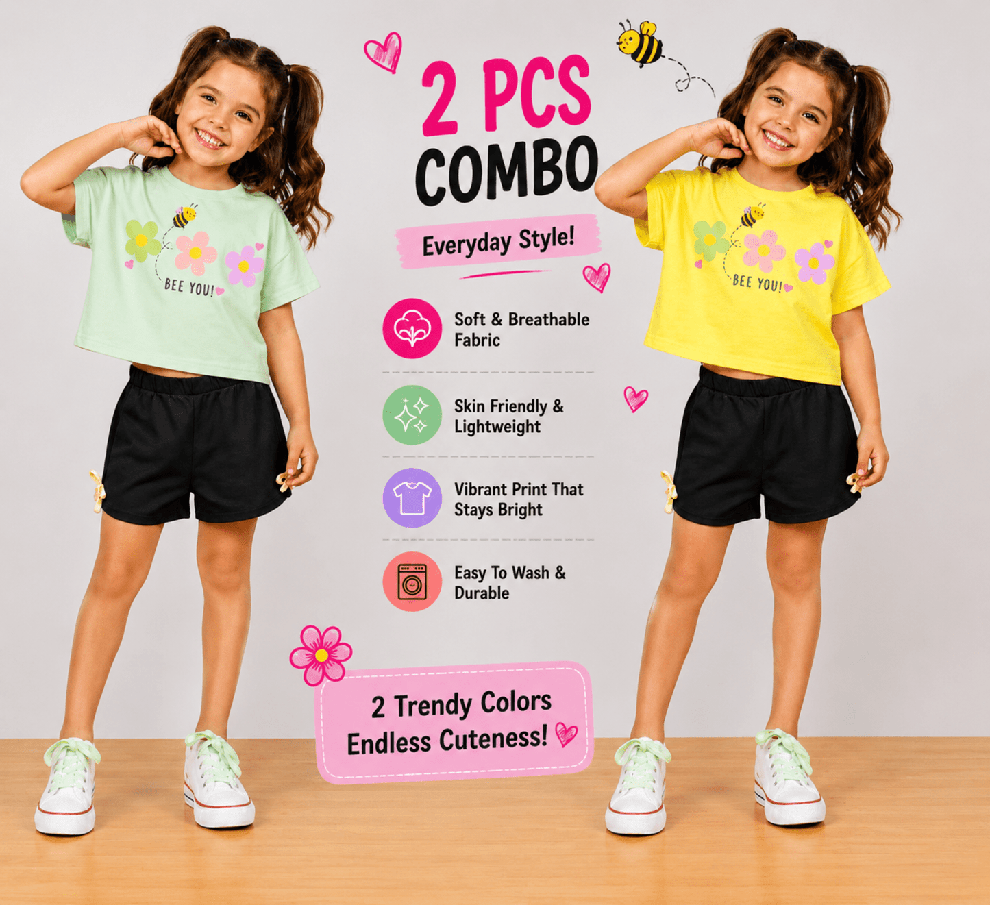 Girls BEEYOU | Crop Top & Shorts Co-Ord Set Combo Pack -2 - Billyball.in