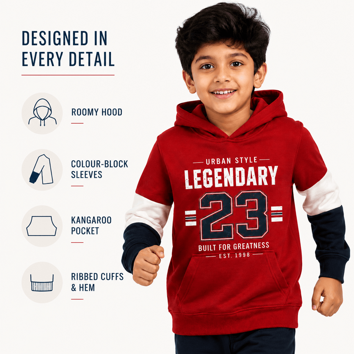 Boys LEGENDARY RED | Full sleeve Hood - Billyball.in