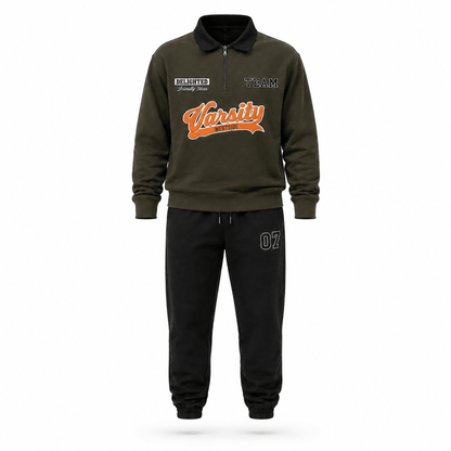 Boys VARSITY Olive | Collerd Full Sleeve Top and Pant Set - Billyball.in