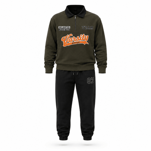 Boys VARSITY Olive | Collerd Full Sleeve Top and Pant Set - Billyball.in