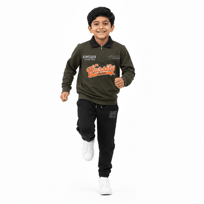 Boys VARSITY Olive | Collerd Full Sleeve Top and Pant Set - Billyball.in