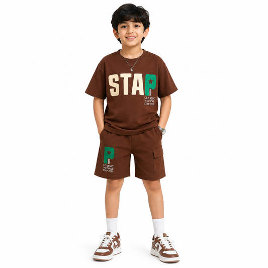 Boys STAR BROWN | 100% Cotton T-Shirt & Shorts Co-Ord Set