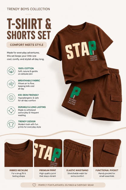 Boys STAR BROWN | 100% Cotton T-Shirt & Shorts Co-Ord Set