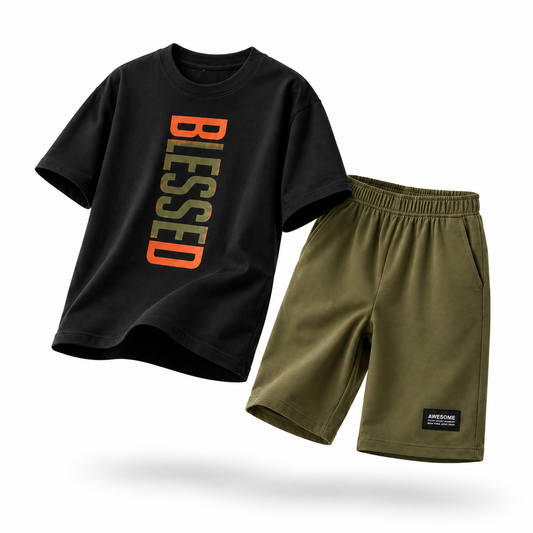 Boys BLESSED | 100% Cotton Oversized T-Shirt & Shorts Co-Ord Set