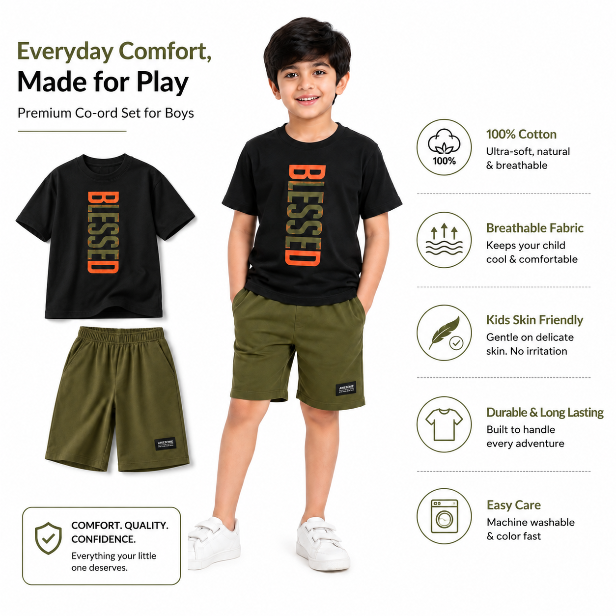 Boys BLESSED | 100% Cotton Oversized T-Shirt & Shorts Co-Ord Set