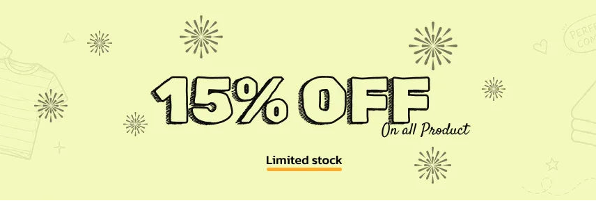 A promotional banner with the text '15% OFF' in large black letters, smaller text reading 'On all Product', 'Limited stock' below, and faint line drawings of folded and hanging shirts on a pale yellow background with decorative starburst motifs.