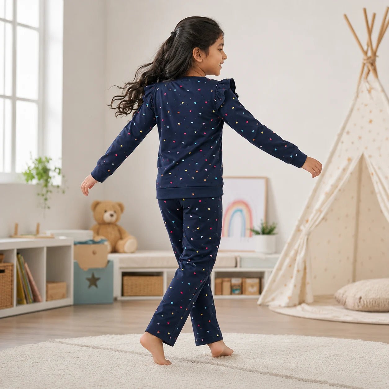 Girls NAVY LOVE | Heart Print Top & Pant Set - Billyball.in