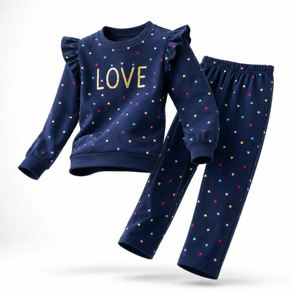 Girls NAVY LOVE | Heart Print Top & Pant Set - Billyball.in