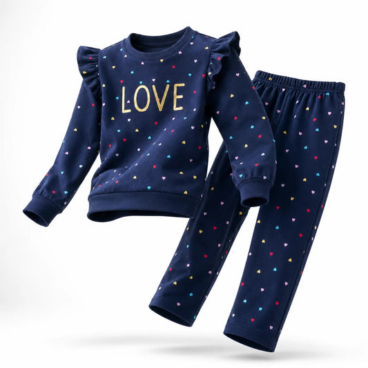 Girls NAVY LOVE | Heart Print Top & Pant Set - Billyball.in