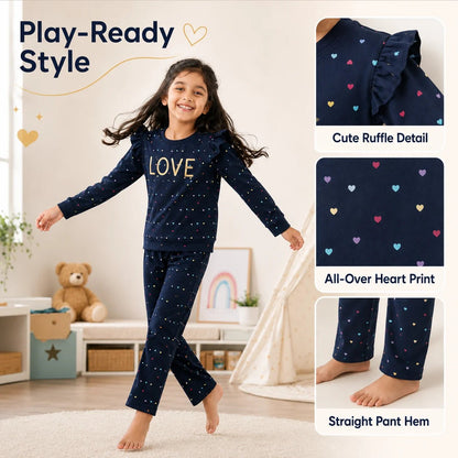 Girls NAVY LOVE | Heart Print Top & Pant Set - Billyball.in