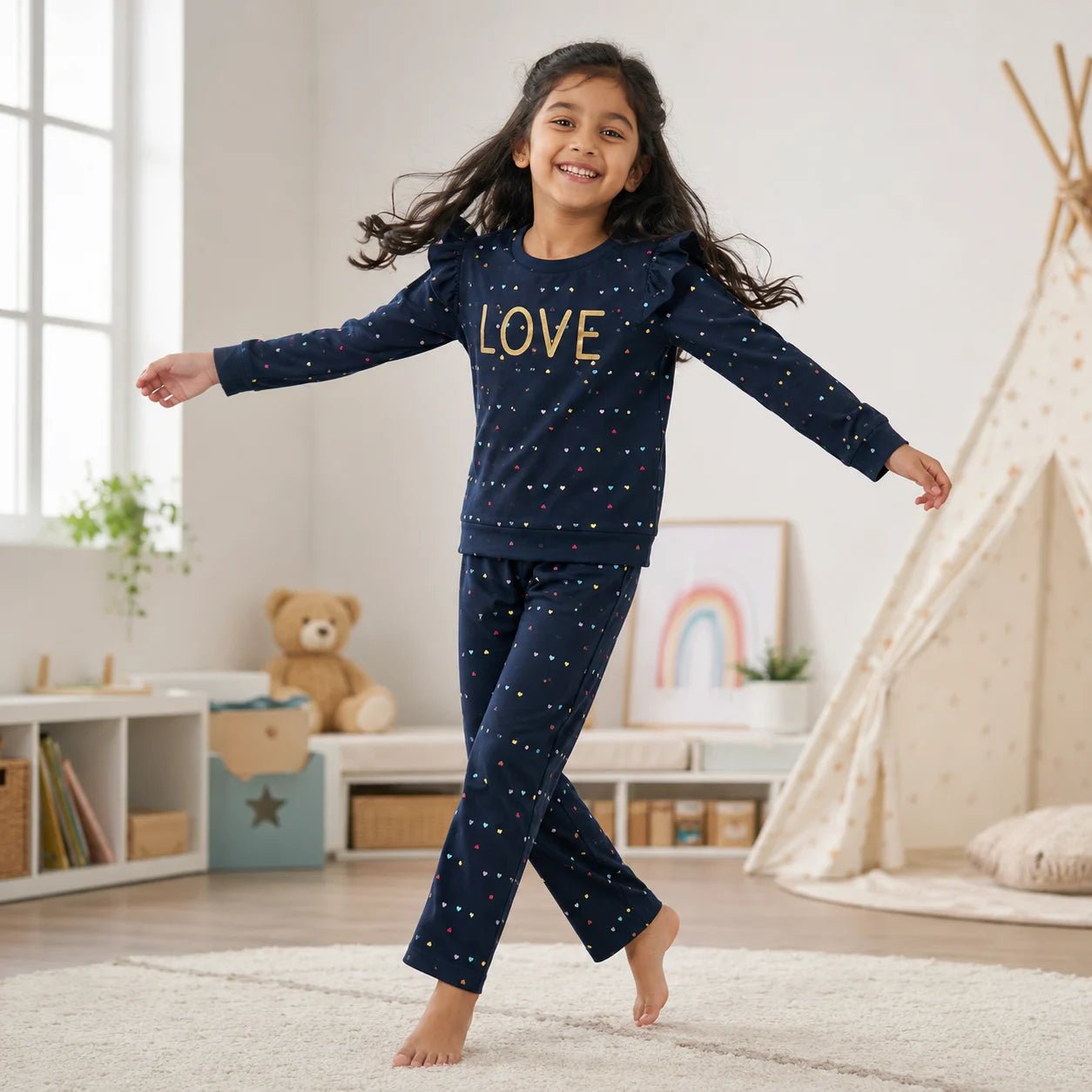 Girls NAVY LOVE | Heart Print Top & Pant Set - Billyball.in