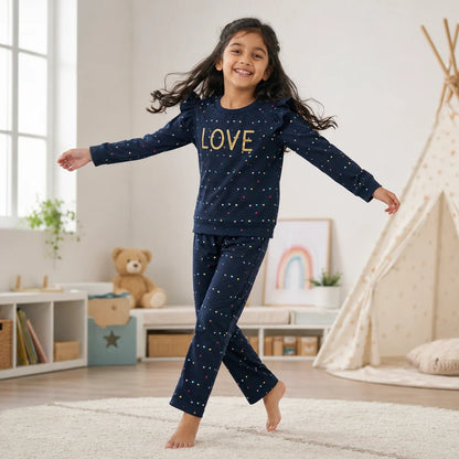 Girls NAVY LOVE | Heart Print Top & Pant Set - Billyball.in