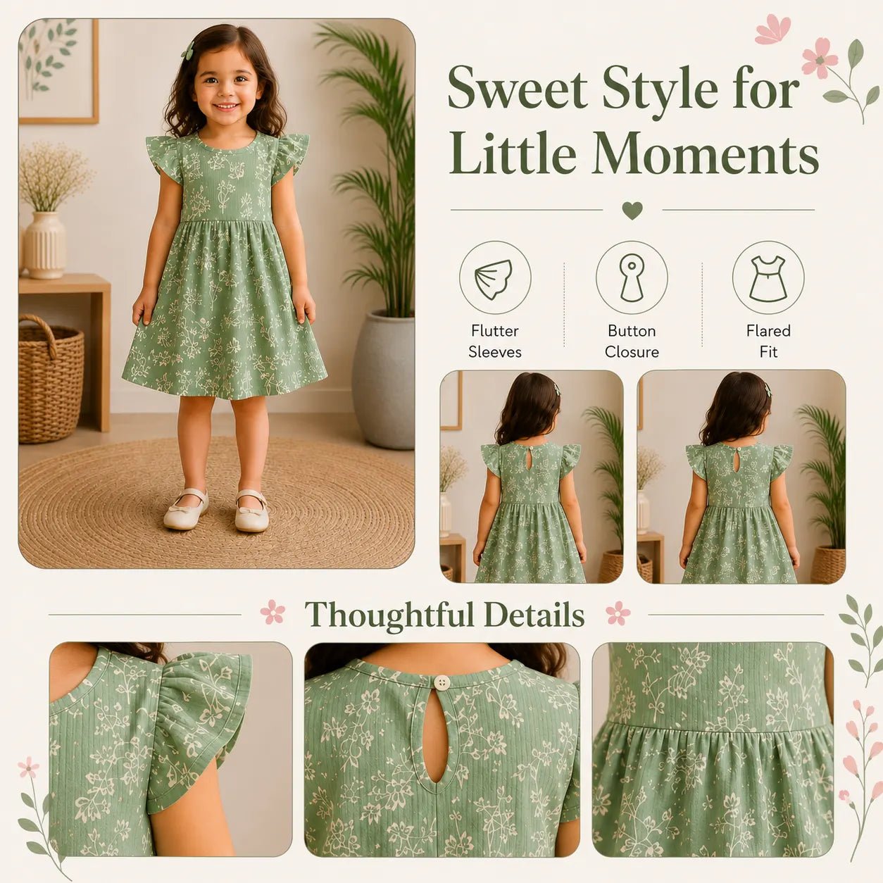 Girls TREE | White Floral Print Flutter Sleeve Dress - Billyball.in
