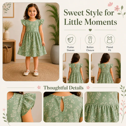 Girls TREE | White Floral Print Flutter Sleeve Dress - Billyball.in