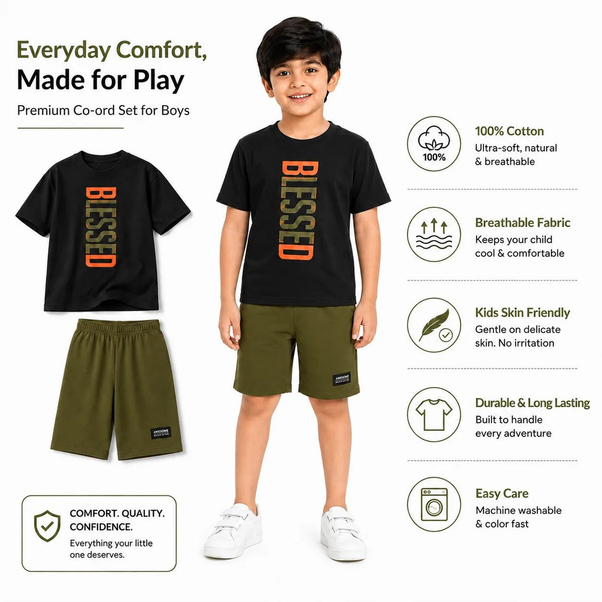 Boys BLESSED | 100% Cotton Oversized T-Shirt & Shorts Co-Ord Set - Billyball.in