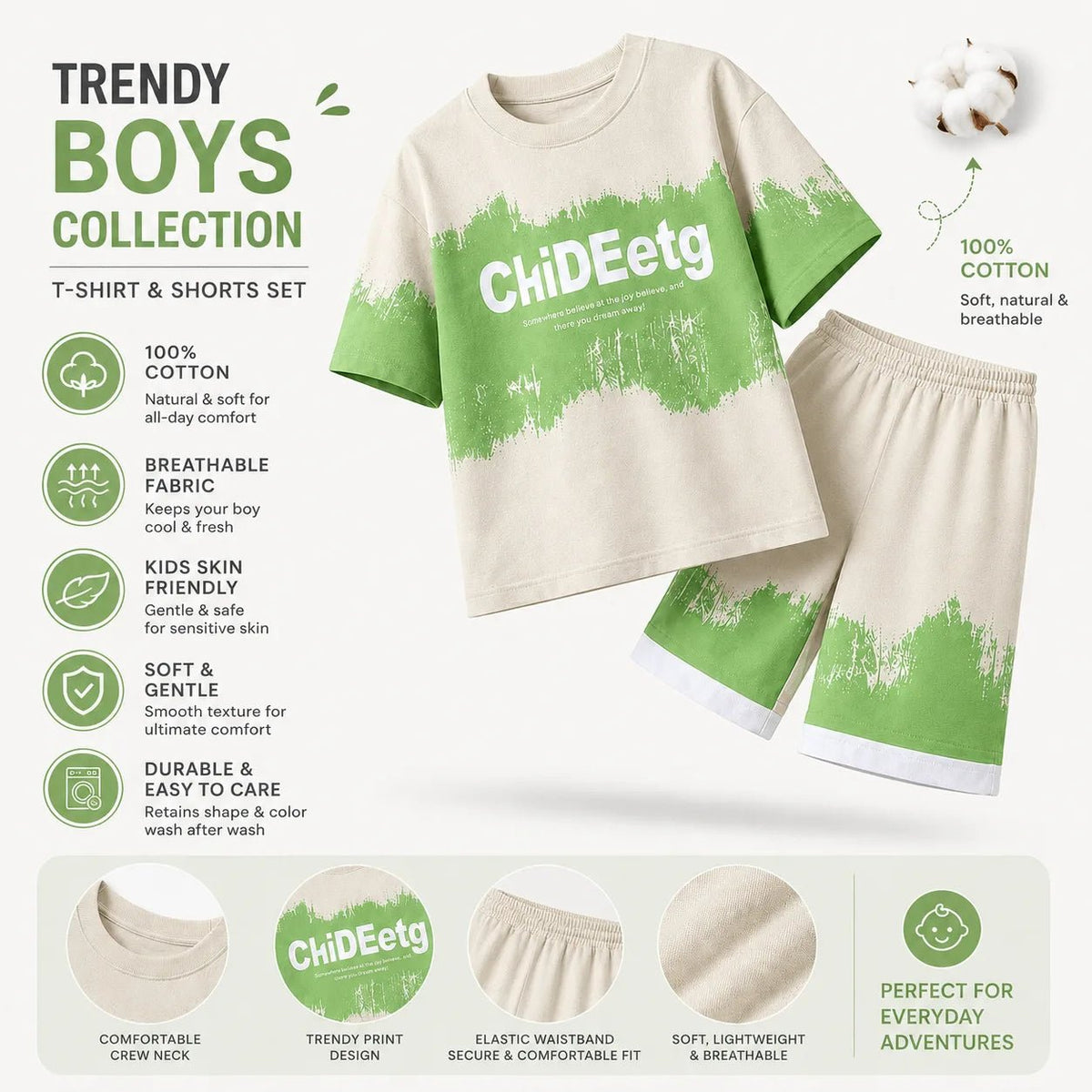 Billyball Green spray | Boys Oversized T-Shirt & Shorts Set - Billyball.in