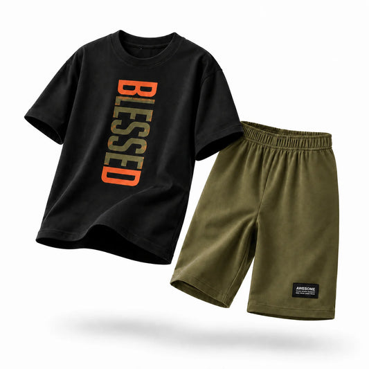 Boys BLESSED | 100% Cotton Oversized T-Shirt & Shorts Co-Ord Set